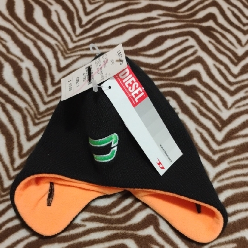 DIESEL Black and Orange Beanie Hat Size 1